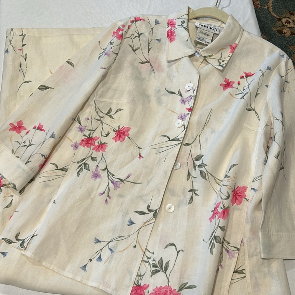 Teri Jon Neiman Marcus Vintage Cream and Green Linen Dress Size 12 - Picture 8 of 8